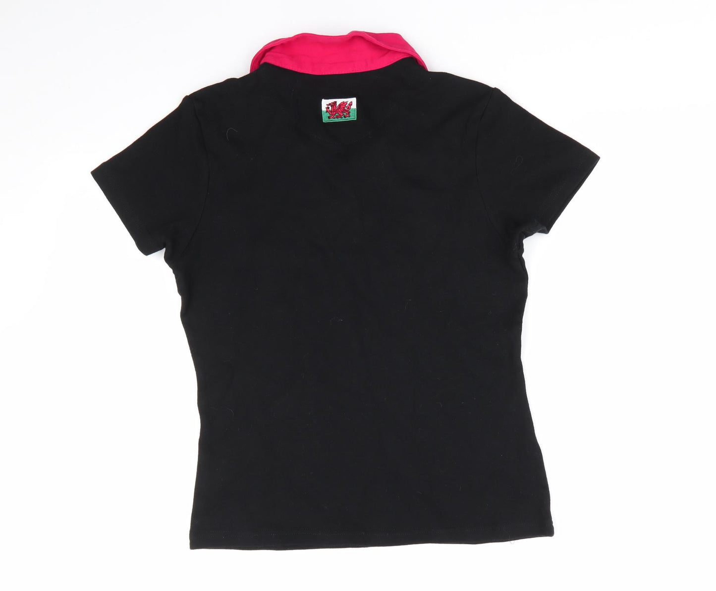 Manav Womens Black  Cotton Basic T-Shirt Size 12 Collared - Cymru Wales Red Collar