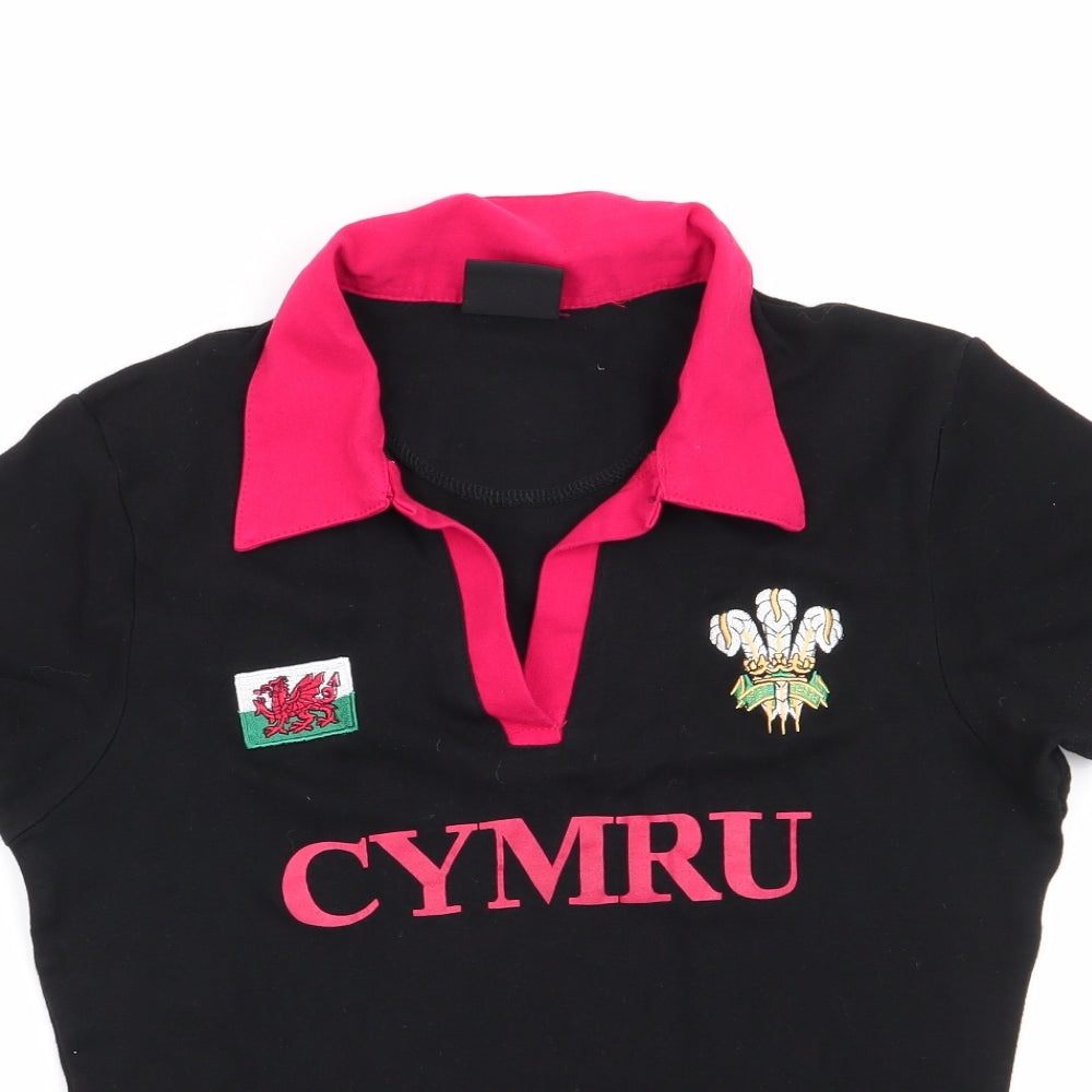 Manav Womens Black  Cotton Basic T-Shirt Size 12 Collared - Cymru Wales Red Collar