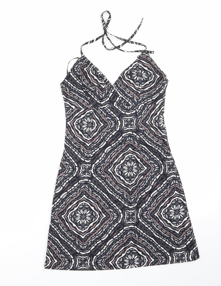 H&M Womens Grey Geometric A-Line Size 6 Halter - Side Zip Black Grey Taupe White Back Elastication