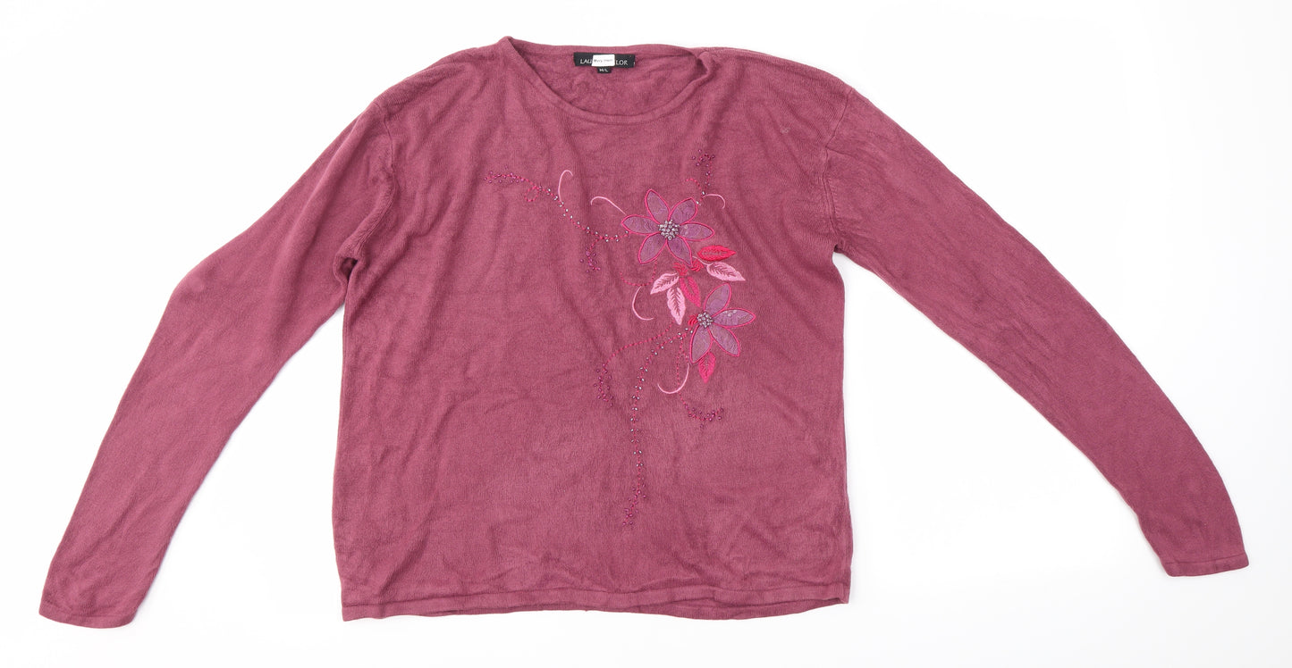 Lauren taylor Womens Pink Round Neck Floral Acrylic Pullover Jumper Size M