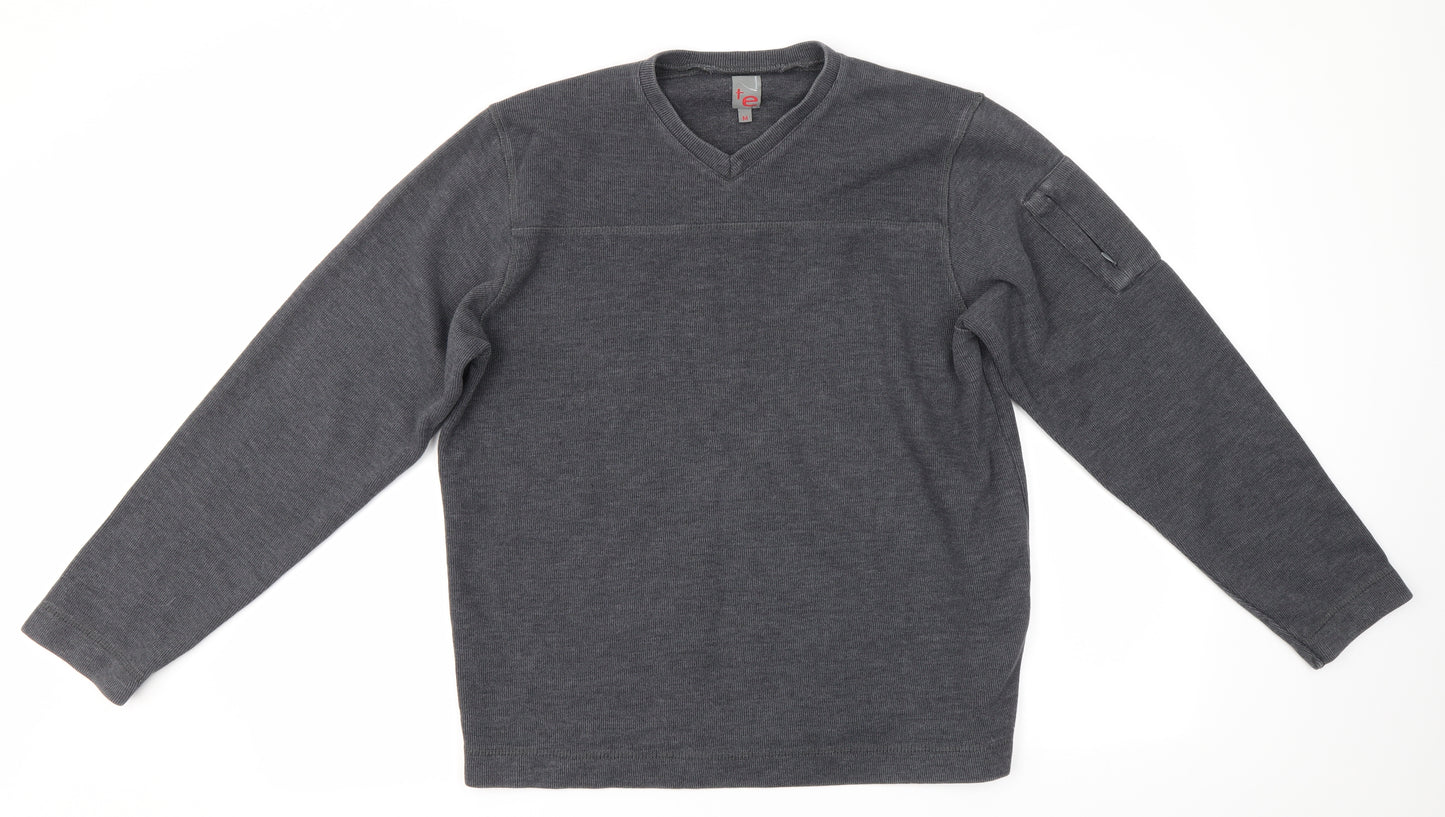 te Mens Grey V-Neck  Polyester Pullover Jumper Size M