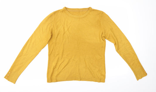 Front view of Preworn women’s yellow round neck acrylic jumper, size M