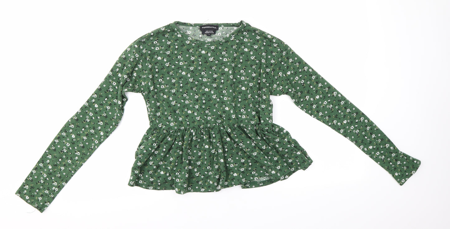 Wednesday's Girl Womens Green Floral Polyester Basic Blouse Size XS Round Neck