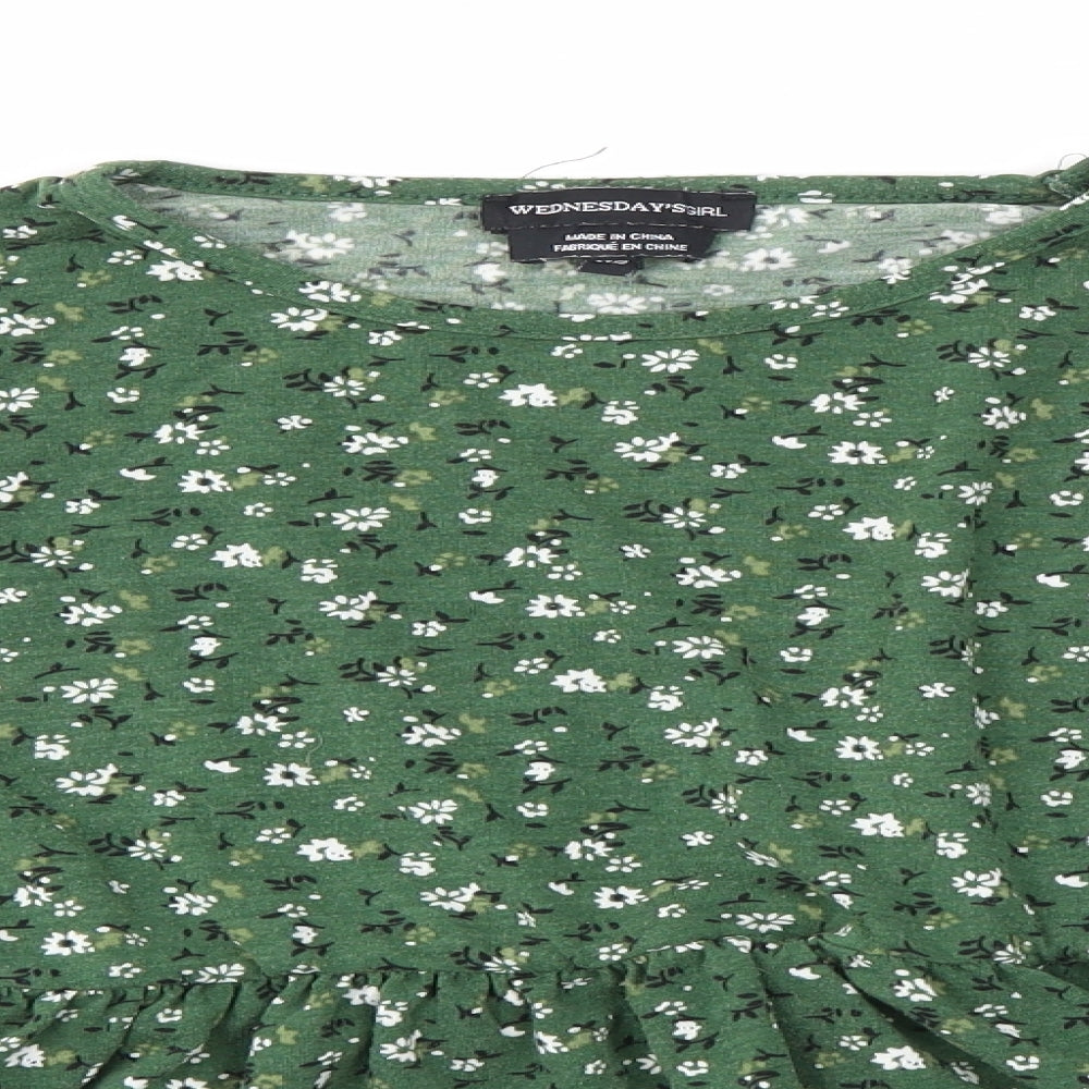 Wednesday's Girl Womens Green Floral Polyester Basic Blouse Size XS Round Neck