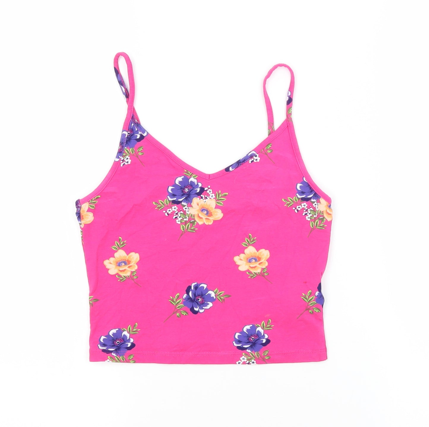 New Look Womens Pink Floral Cotton Basic Tank Size 6 V-Neck