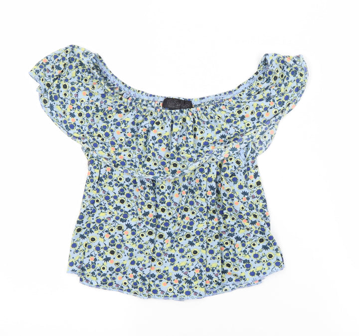 Topshop Womens Blue Floral Polyester Basic Blouse Size 6 Boat Neck