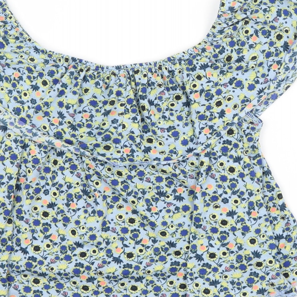 Topshop Womens Blue Floral Polyester Basic Blouse Size 6 Boat Neck