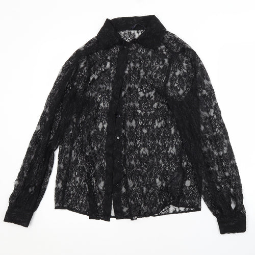 M&S Womens Black Floral Polyamide Basic Button-Up Size 12 Collared