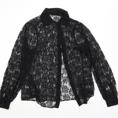M&S Womens Black Floral Polyamide Basic Button-Up Size 12 Collared