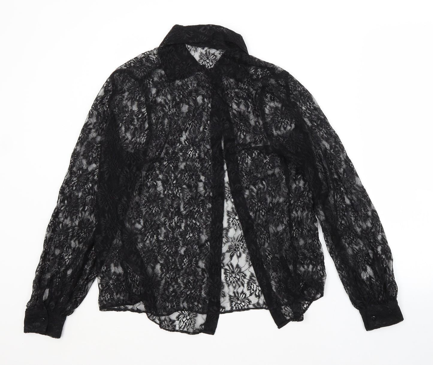 M&S Womens Black Floral Polyamide Basic Button-Up Size 12 Collared