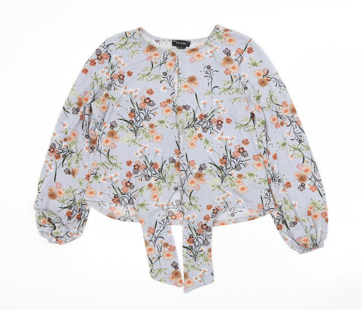 New Look Womens Grey Floral Polyester Basic Blouse Size 10 Scoop Neck