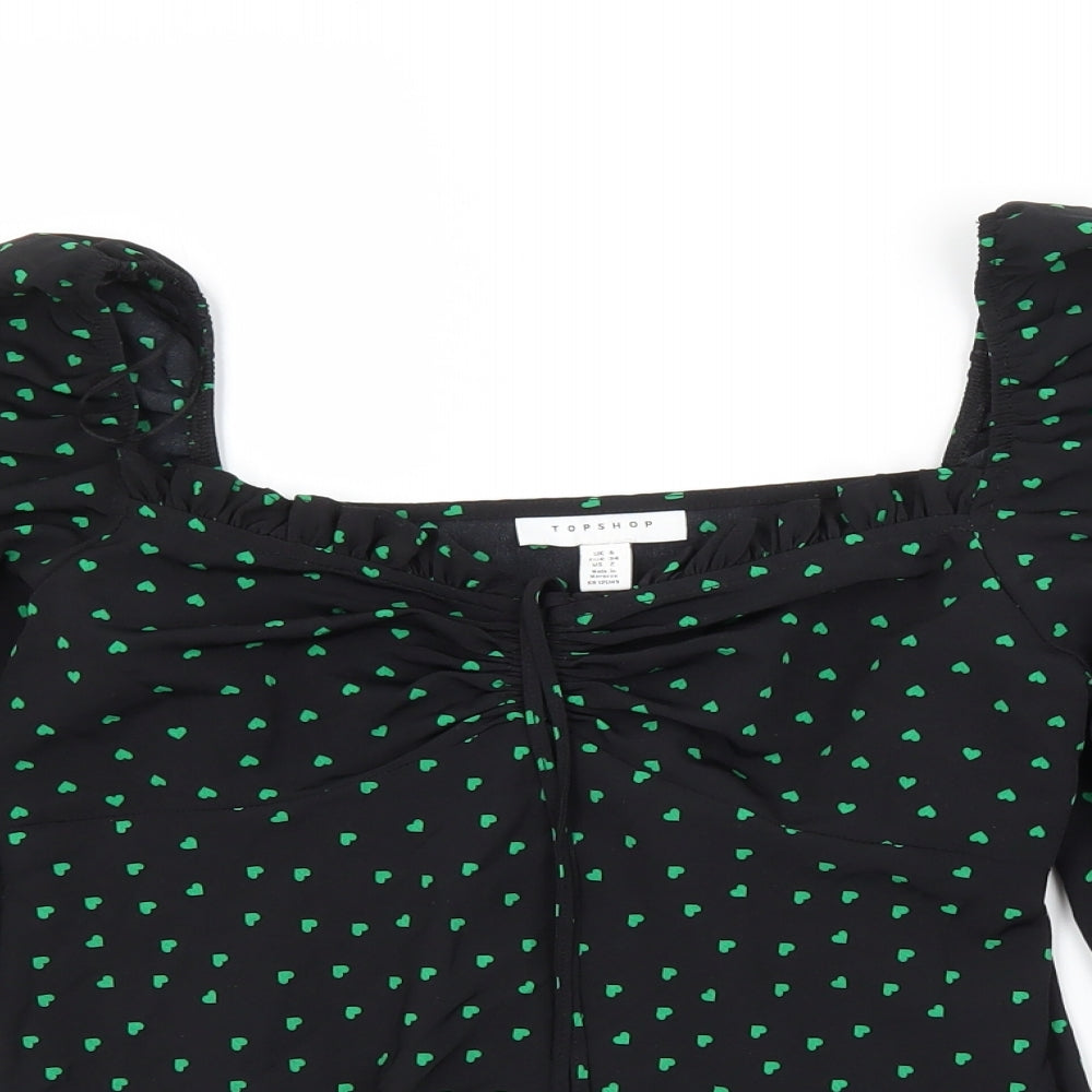 Topshop Womens Black Geometric Polyester Basic Blouse Size 6 Boat Neck