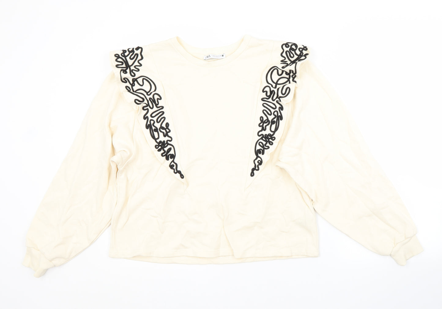 Zara Womens White Crew Neck  Cotton Pullover Jumper Size M