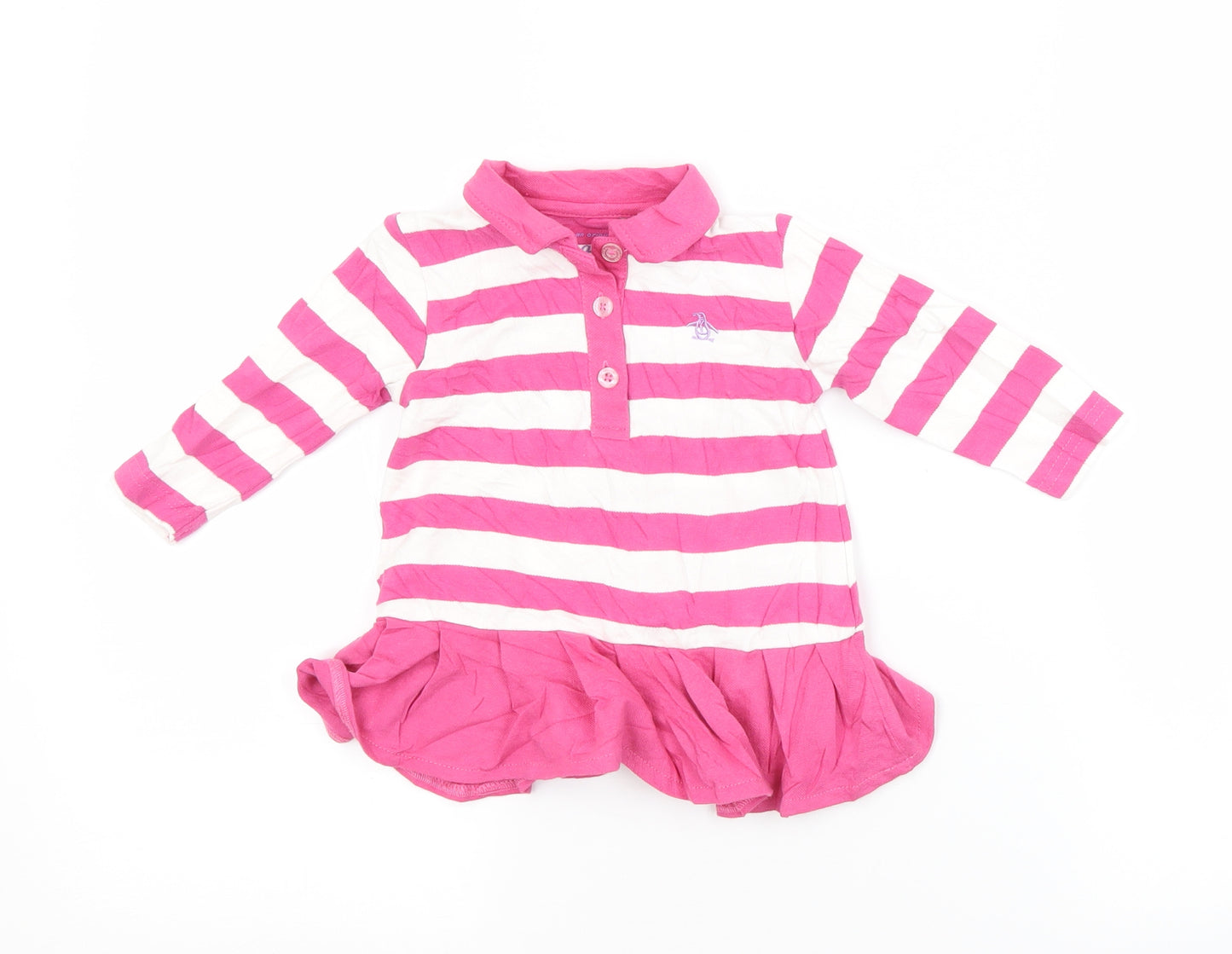 Penguin Girls Pink Striped Cotton Basic Polo Size 3-6 Months Collared