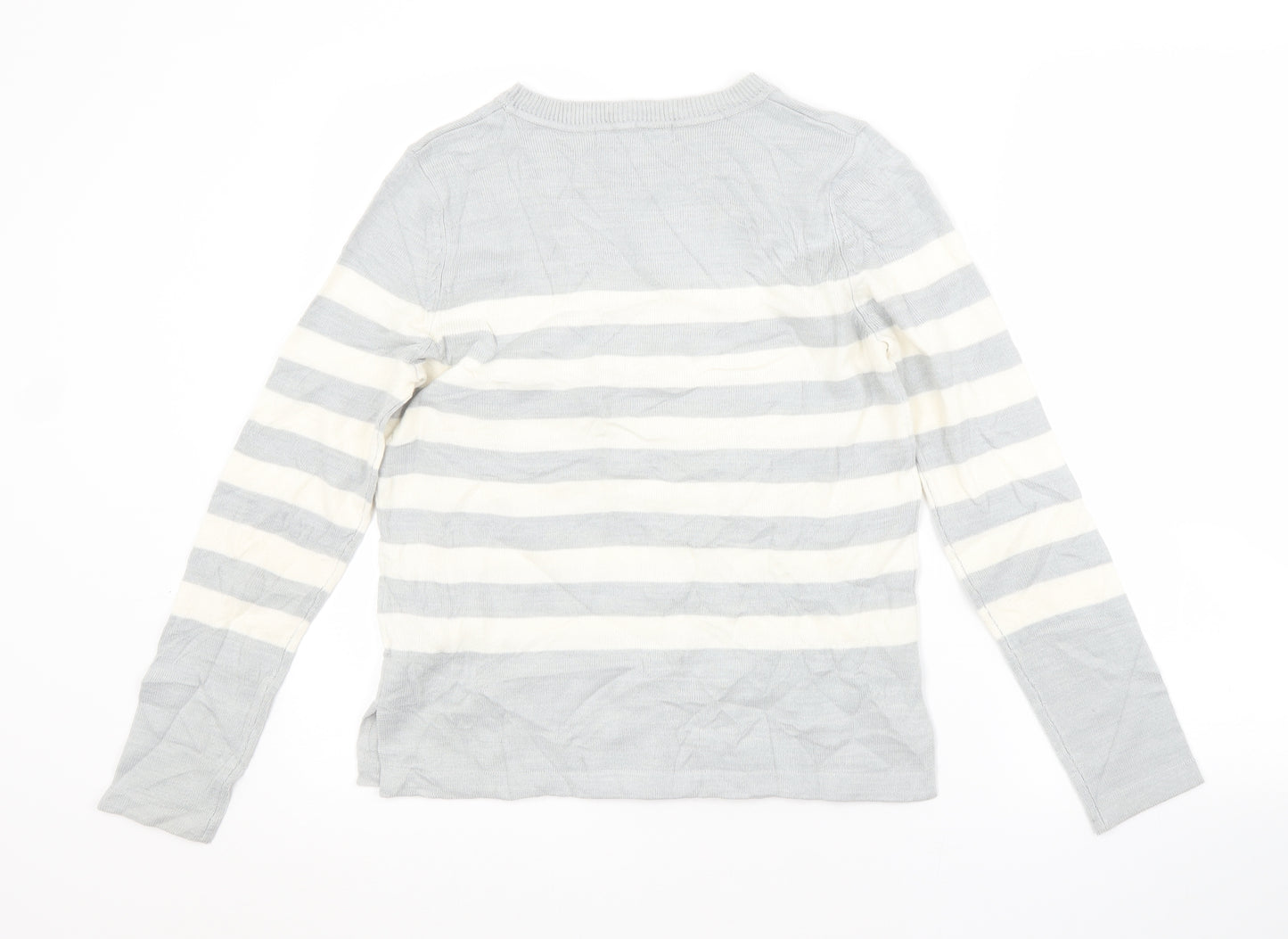 M&S Womens Grey Crew Neck Striped Acrylic Pullover Jumper Size 10