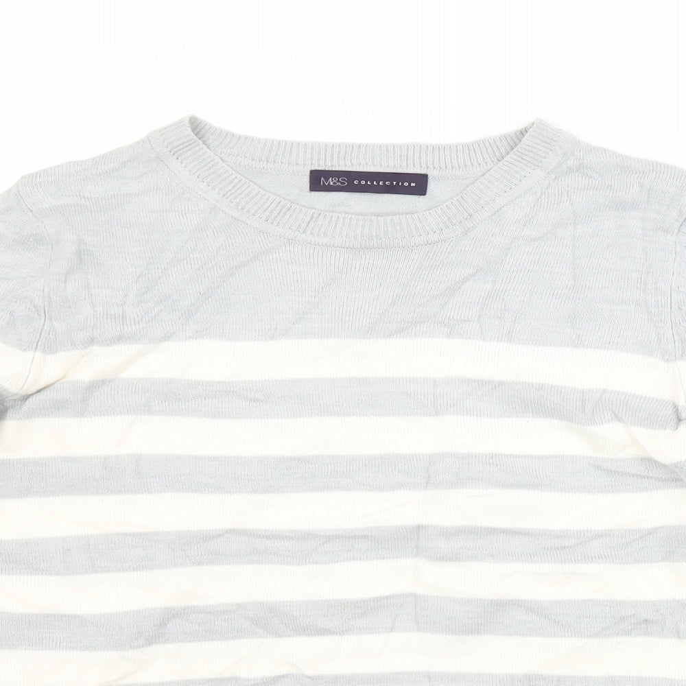 M&S Womens Grey Crew Neck Striped Acrylic Pullover Jumper Size 10