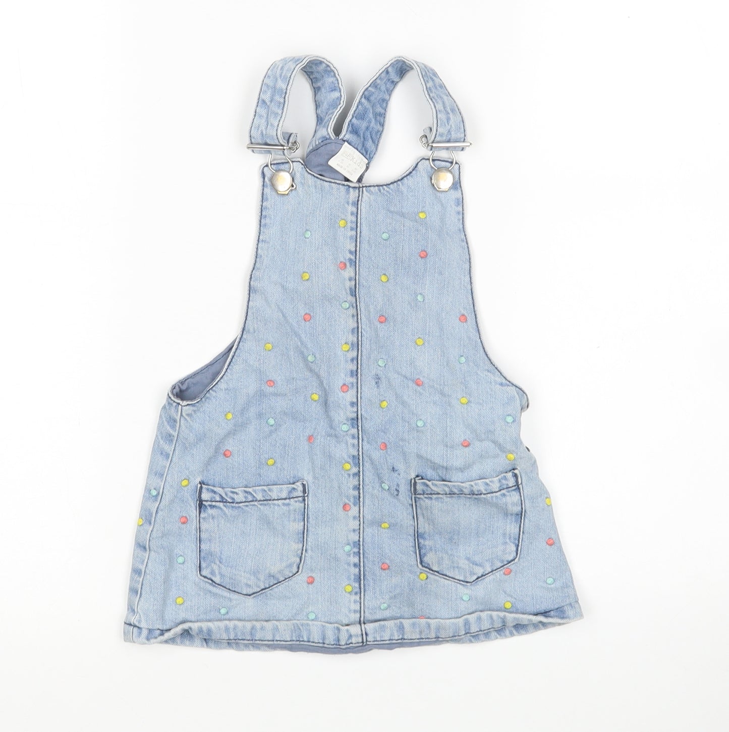 F&F Girls Blue Polka Dot Cotton Pinafore/Dungaree Dress  Size 2-3 Years Square Neck
