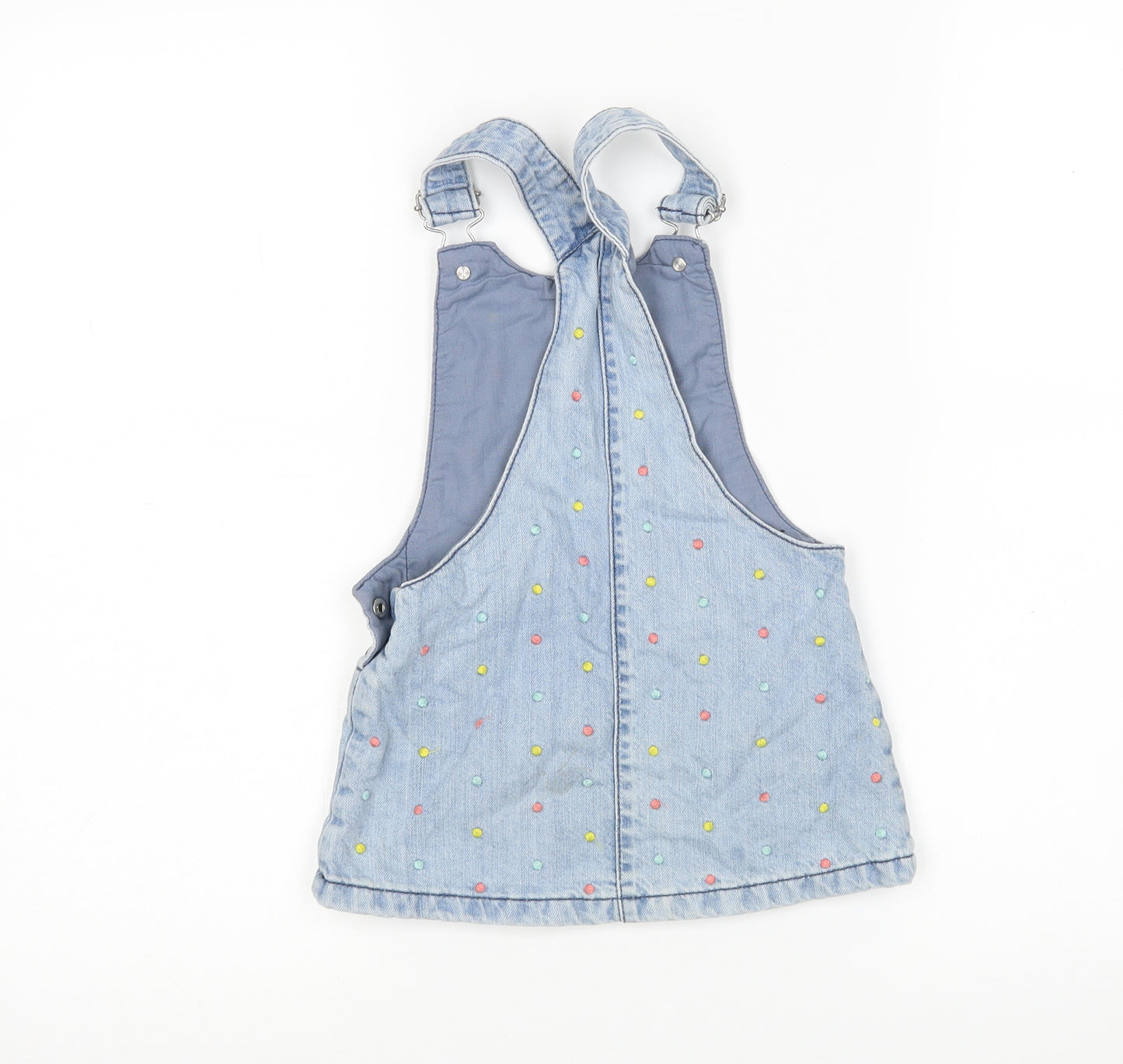 F&F Girls Blue Polka Dot Cotton Pinafore/Dungaree Dress  Size 2-3 Years Square Neck
