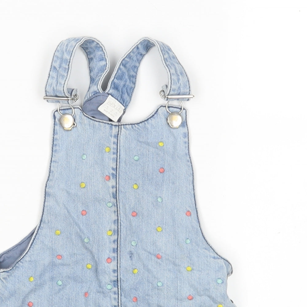 F&F Girls Blue Polka Dot Cotton Pinafore/Dungaree Dress  Size 2-3 Years Square Neck
