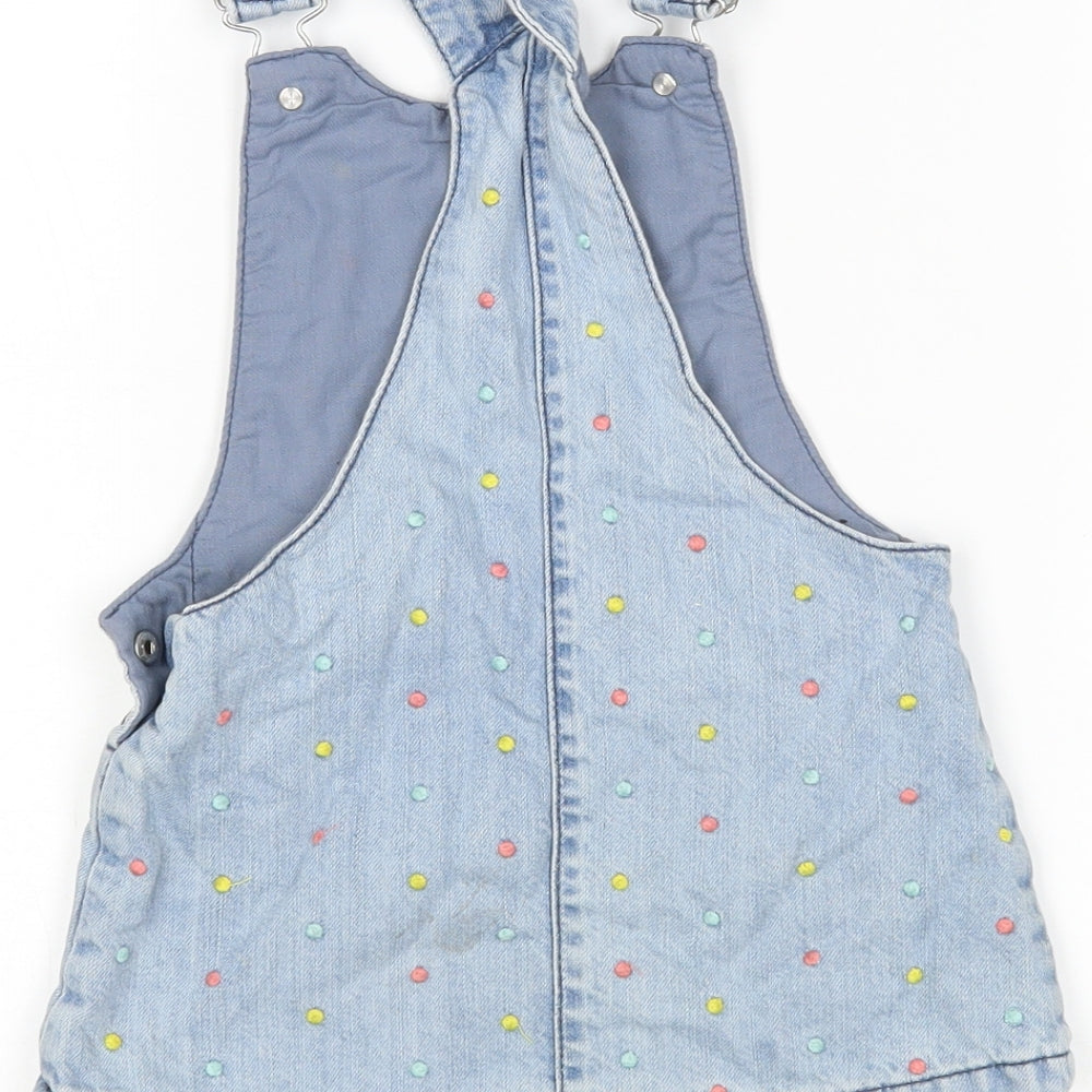 F&F Girls Blue Polka Dot Cotton Pinafore/Dungaree Dress  Size 2-3 Years Square Neck