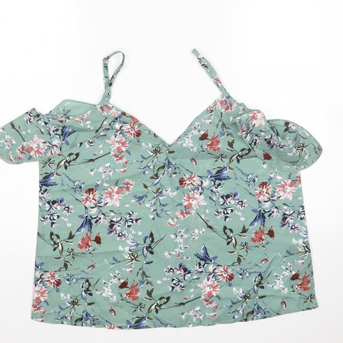 Shein  Womens Green Floral Polyester Basic Blouse Size L V-Neck