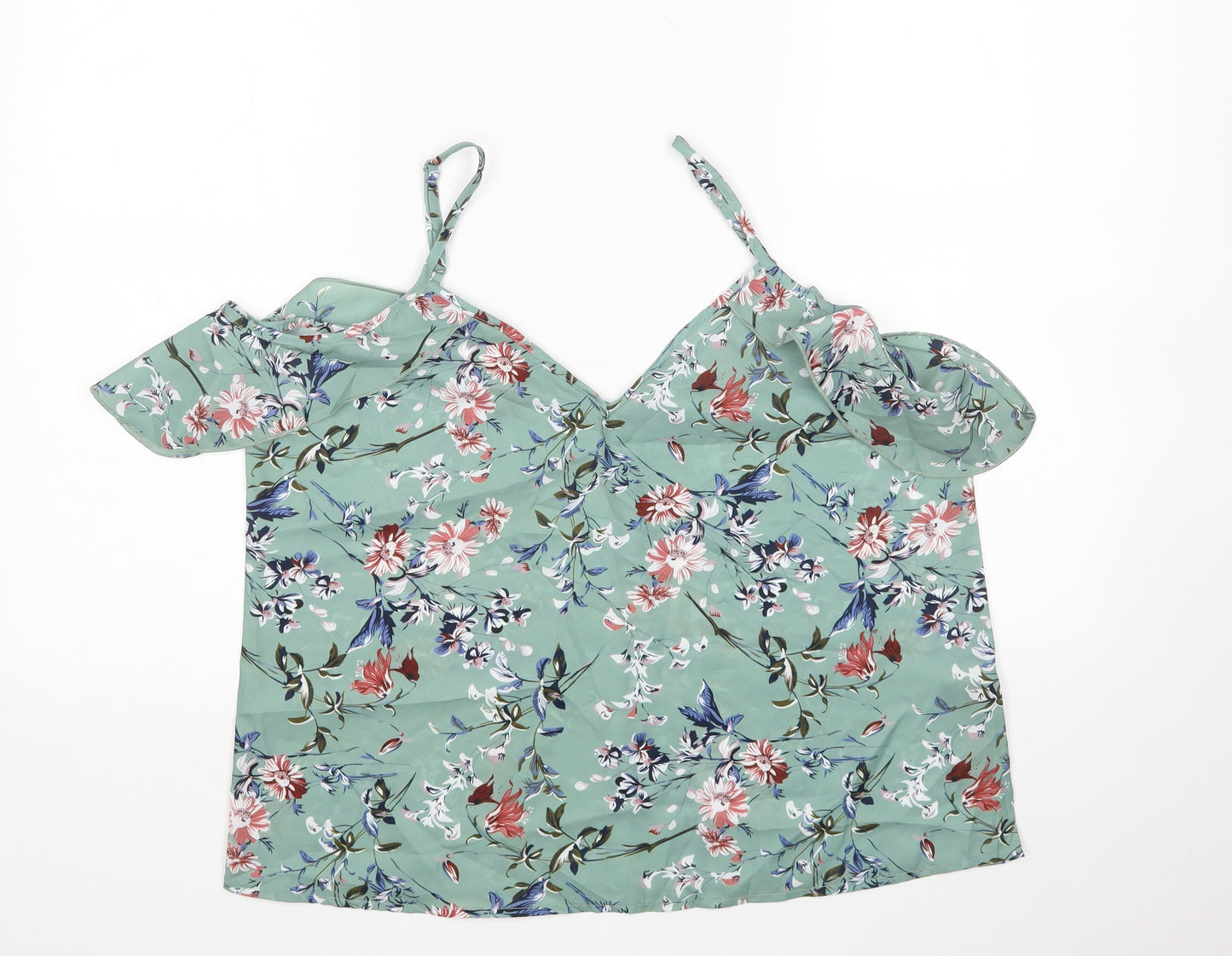 Shein  Womens Green Floral Polyester Basic Blouse Size L V-Neck
