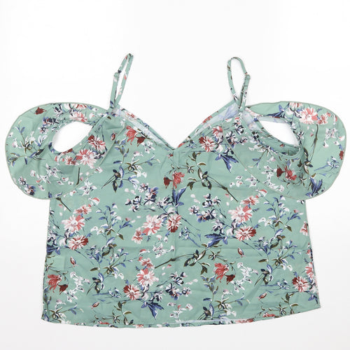 Shein  Womens Green Floral Polyester Basic Blouse Size L V-Neck