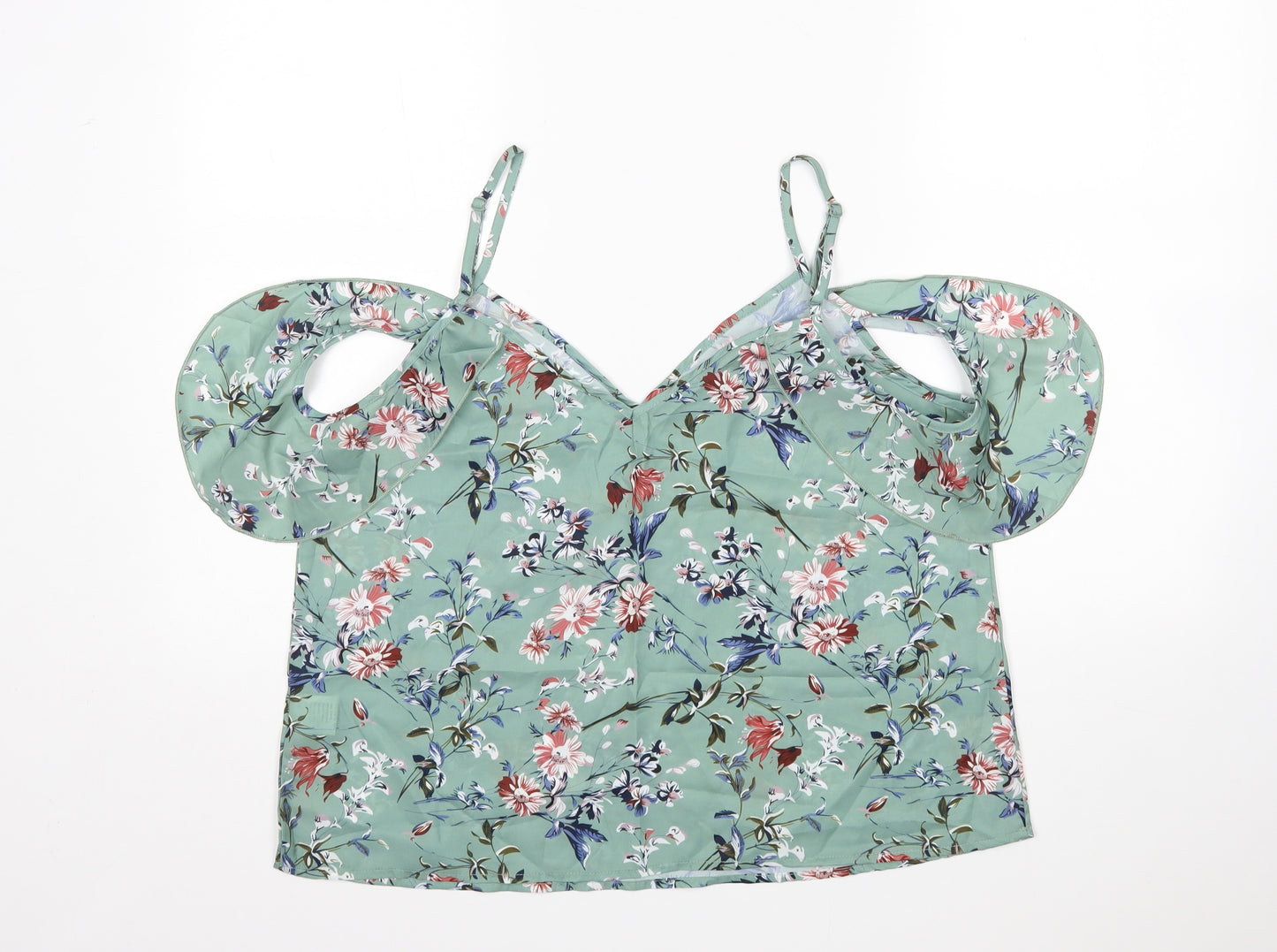 Shein  Womens Green Floral Polyester Basic Blouse Size L V-Neck