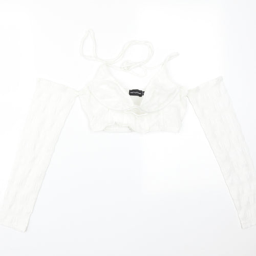PRETTYLITTLETHING Womens White  Polyester Basic T-Shirt Size 6 V-Neck