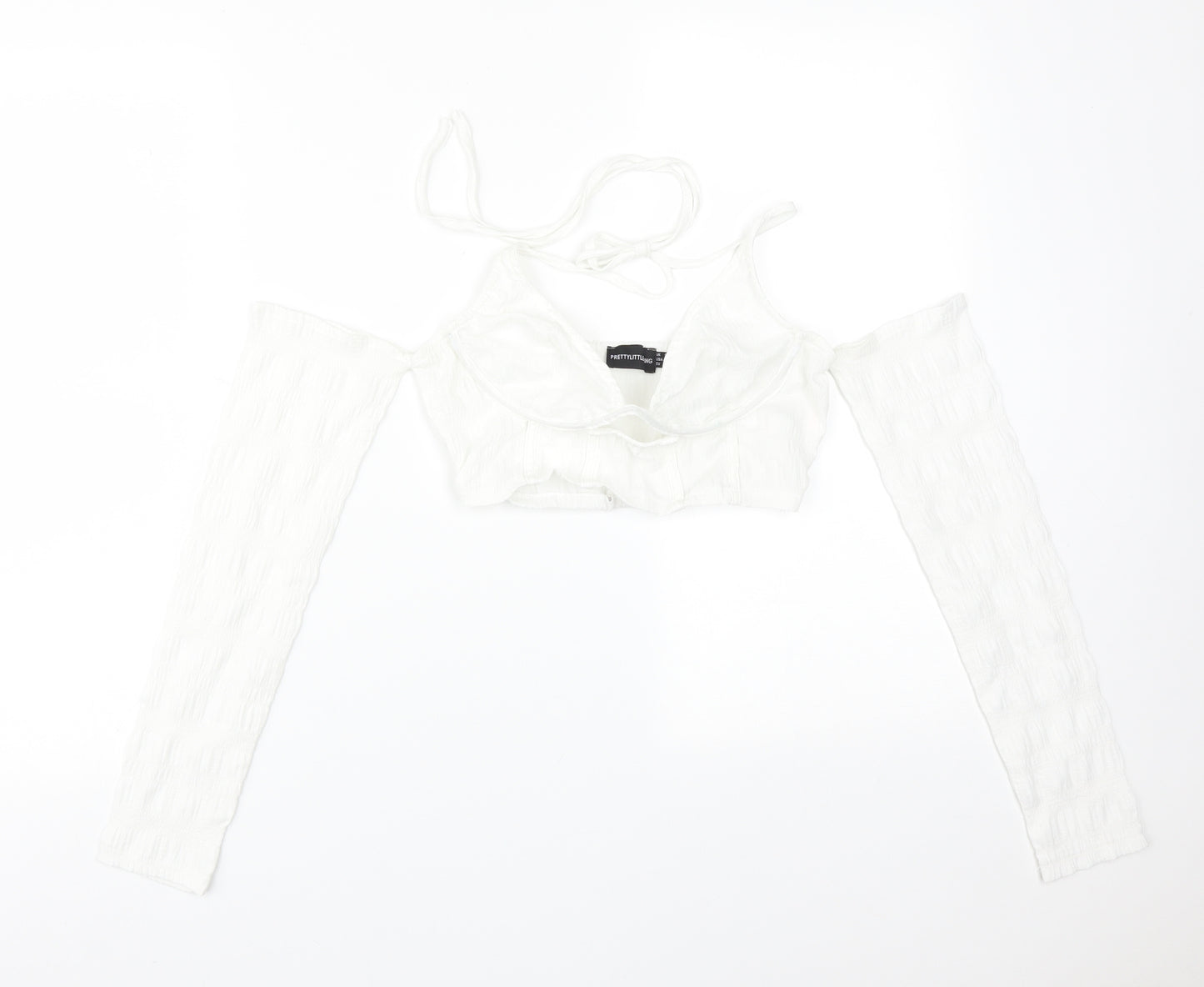 PRETTYLITTLETHING Womens White  Polyester Basic T-Shirt Size 6 V-Neck