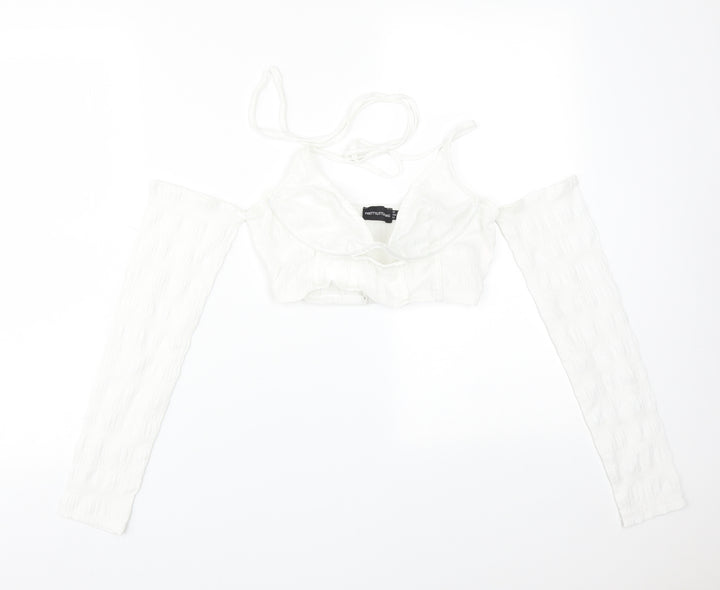 PRETTYLITTLETHING Womens White  Polyester Basic T-Shirt Size 6 V-Neck