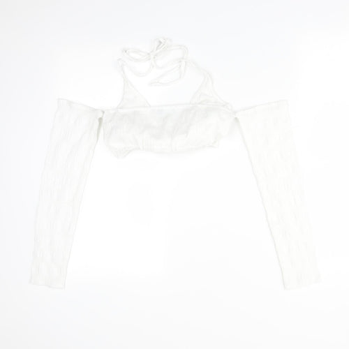 PRETTYLITTLETHING Womens White  Polyester Basic T-Shirt Size 6 V-Neck