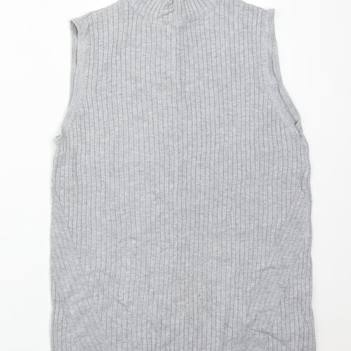 M&S Womens Grey Striped Viscose Basic T-Shirt Size 12 High Neck