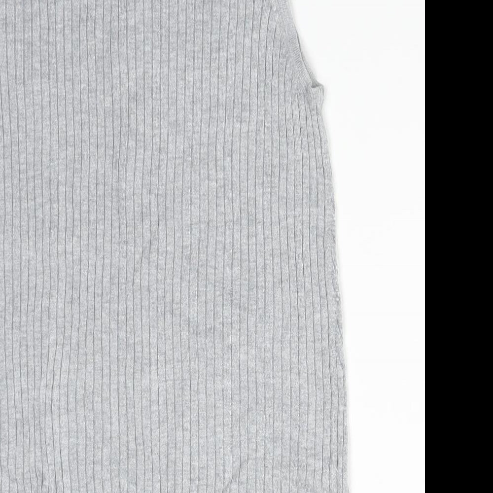 M&S Womens Grey Striped Viscose Basic T-Shirt Size 12 High Neck