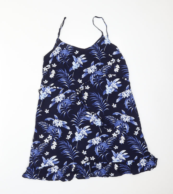 Oasis Womens Blue Floral Viscose Basic T-Shirt Size 8 V-Neck