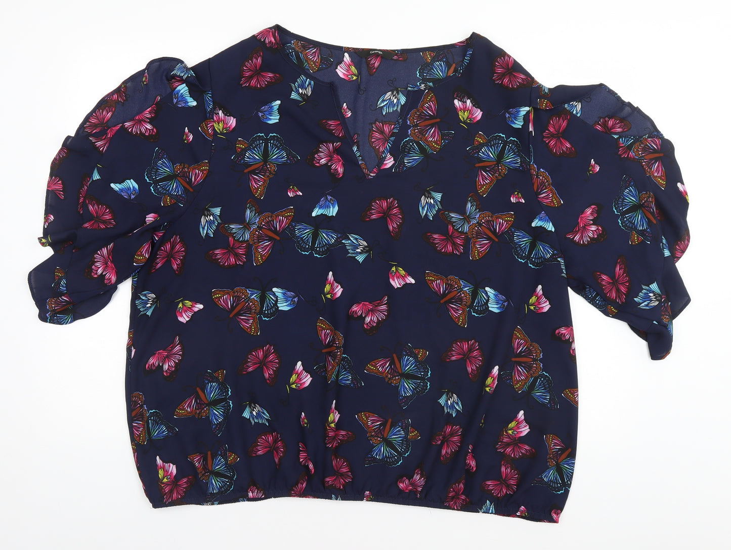 George Womens Blue Animal Print Polyester Basic Blouse Size 24 Round Neck - Butterflies