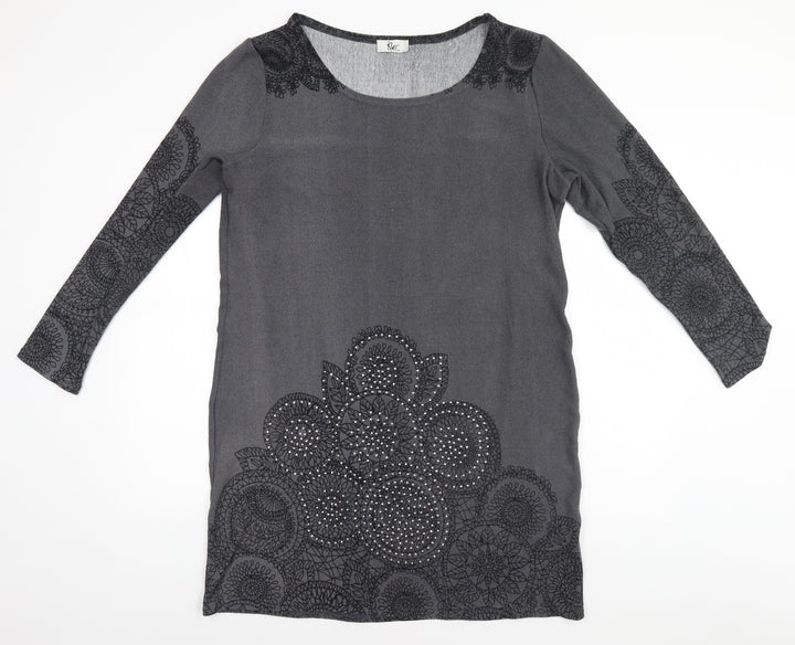 Klass Womens Grey Round Neck Floral Polyester Pullover Jumper Size L
