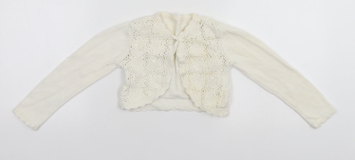 Marks and Spencer Girls White Round Neck  Cotton Cardigan Jumper Size 4-5 Years