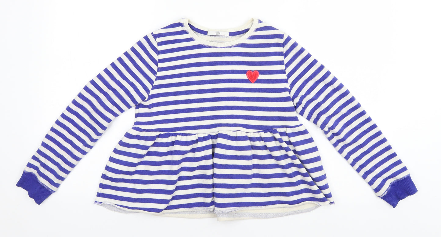 Marks and Spencer Girls Blue Round Neck Striped Cotton Pullover Jumper Size 9-10 Years