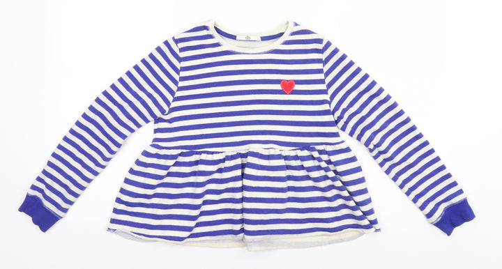 Marks and Spencer Girls Blue Round Neck Striped Cotton Pullover Jumper Size 9-10 Years