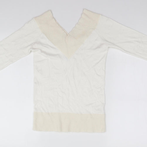 New Look Womens White V-Neck  Viscose Pullover Jumper Size 8