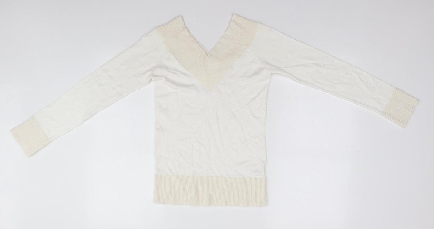 New Look Womens White V-Neck  Viscose Pullover Jumper Size 8