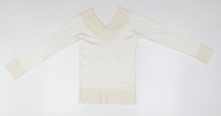 New Look Womens White V-Neck  Viscose Pullover Jumper Size 8