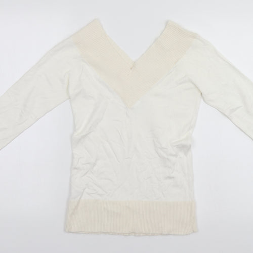 New Look Womens White V-Neck  Viscose Pullover Jumper Size 8