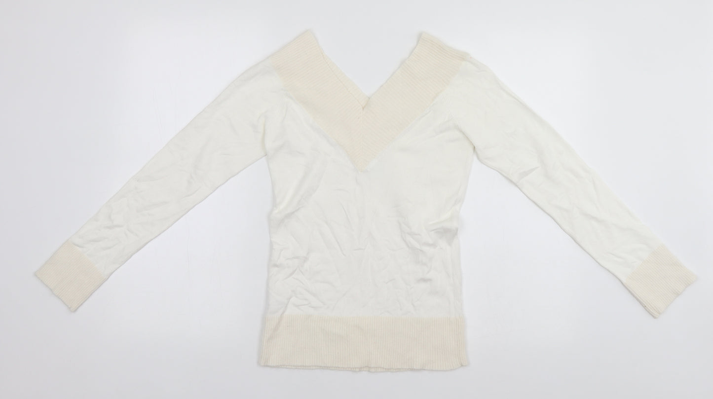 New Look Womens White V-Neck  Viscose Pullover Jumper Size 8