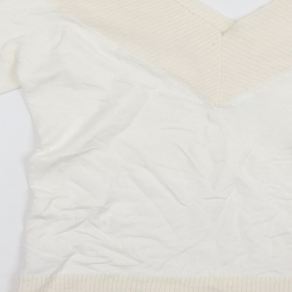New Look Womens White V-Neck  Viscose Pullover Jumper Size 8