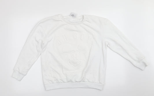 Front view of Disney by Atmosphere women’s white animal print polyester pullover sweatshirt, - embossed mickey mouse - oh boy