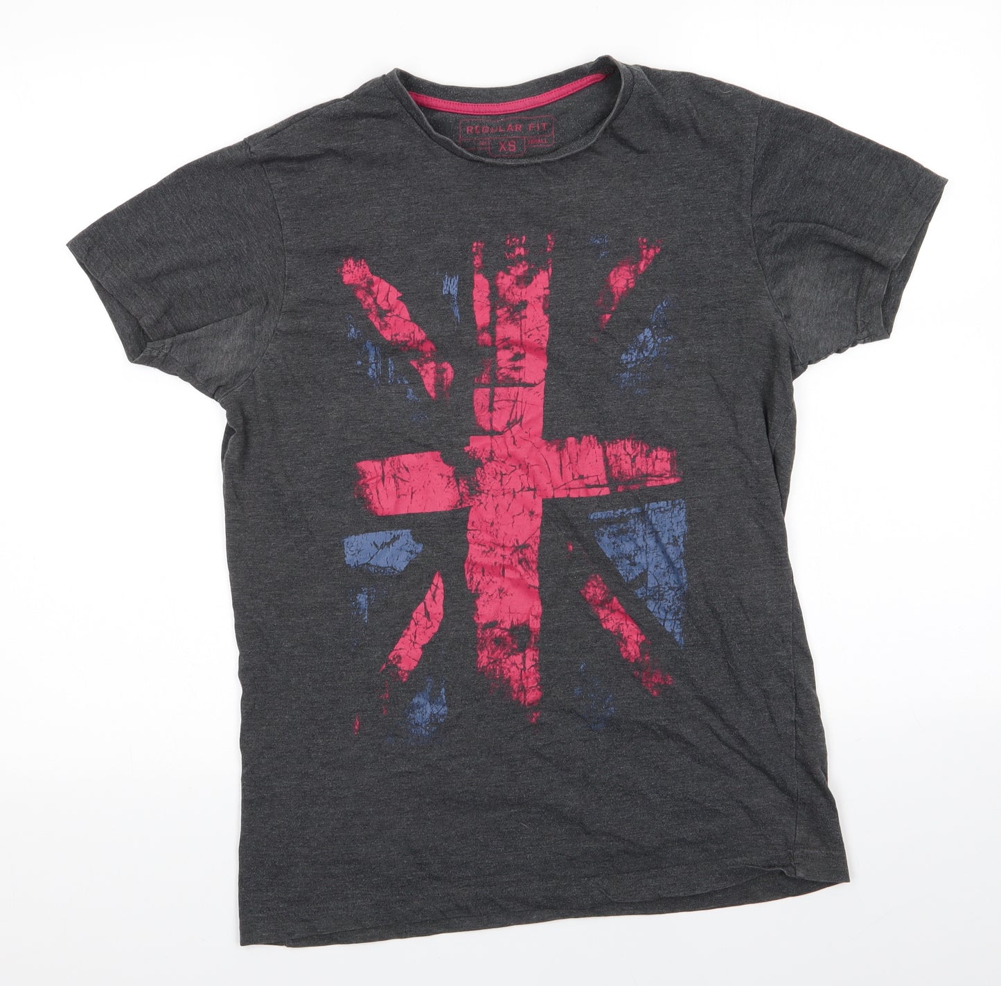 Cedar Wood State Mens Grey  Cotton  T-Shirt Size XS Round Neck  - Abstract design Red & BLue