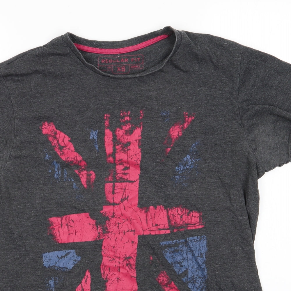 Cedar Wood State Mens Grey  Cotton  T-Shirt Size XS Round Neck  - Abstract design Red & BLue