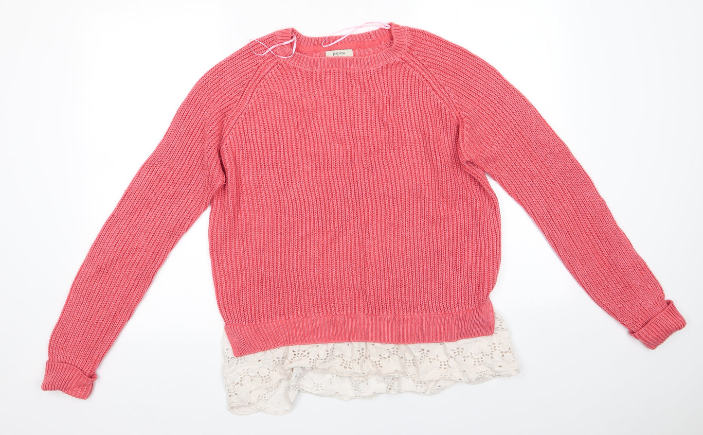 Papaya Womens Orange Round Neck  Acrylic Pullover Jumper Size L   - Lace Hem